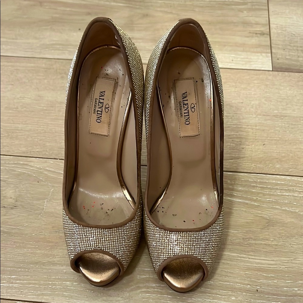 Valentino Shimmering Gold Peep Toe Heels